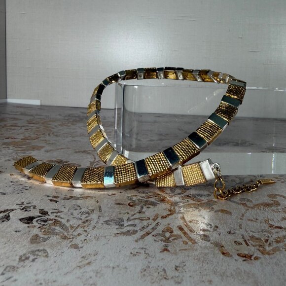 Vintage Napier Two-Tone Gold Silver Textured Link Collar Necklace - Picture 5 of 7